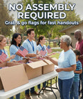 Volunteers handing out Bulk 100 Pack Handheld American Flags On Sticks 4x6 Inches for Memorial Day at community event