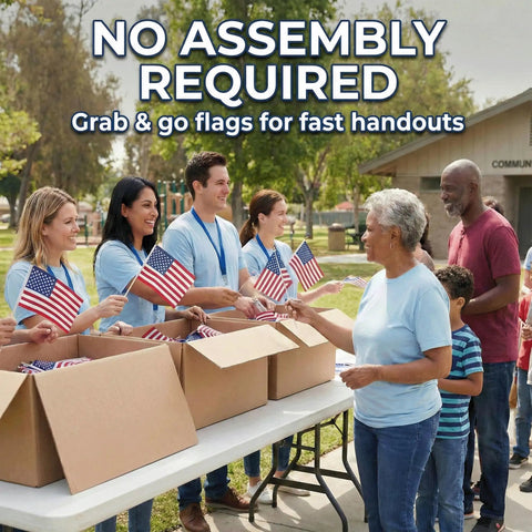 Volunteers handing out Bulk 100 Pack Handheld American Flags On Sticks 4x6 Inches for Memorial Day at community event