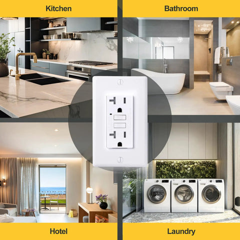 Collage showing 20 Amp GFCI Outlet With Tamper Resistant GFI Duplex Receptacle LED Indicator in kitchen, bathroom, hotel, and laundry room.