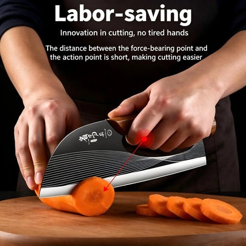 Two Piece Meat Cleaver Knife Set For Cutting Meat And Vegetables, cleaver slicing carrot on wooden board, wood handle