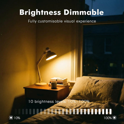 Rechargeable E26 Magnetic Detachable Light Bulb With Remote in dimmable mode on desk lamp by bed, nighttime setting.