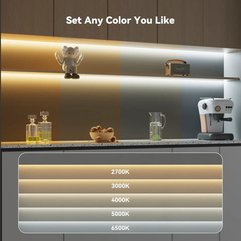 Tunable White COB LED Strip Light 2700K To 6500K 16.4 Ft 24V Dimmable UL Listed Dotless Tape in under-cabinet kitchen lighting setup