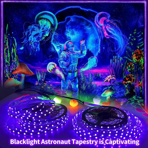 Upgraded 16.4Ft 5M LED Black Light Strip Kit with Remote Control in vibrant room decor scene with astronaut tapestry