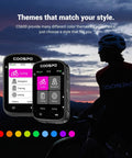 Color Touchscreen GPS Bike Computer CS600 Wireless IPX7 displayed with themes and cyclist silhouette at sunset.