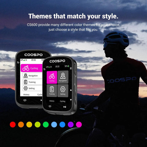 Color Touchscreen GPS Bike Computer CS600 Wireless IPX7 displayed with themes and cyclist silhouette at sunset.