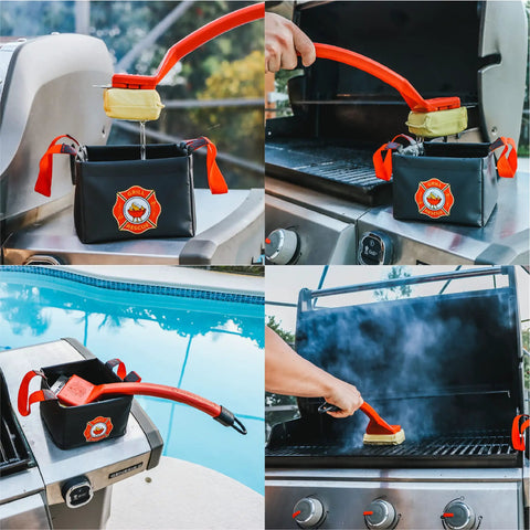 Collapsible Water Bucket For Grill Cleanup And Outdoor Adventures next to BBQ grill with cleaning brush, perfect for camping.