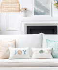 Fall Coastal Patio Pillow Cover 20x20 For Indoor Outdoor Use, Water Repellent Cushion Cover In Neutral Tan Stripe, Weather Resistant Polyester With Invisible Zipper And Piping For Backyard Or Couch displayed on a white sofa.