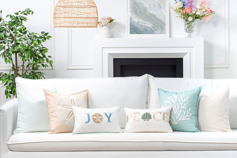 Fall Coastal Patio Pillow Cover 20x20 For Indoor Outdoor Use, Water Repellent Cushion Cover In Neutral Tan Stripe, Weather Resistant Polyester With Invisible Zipper And Piping For Backyard Or Couch displayed on a white sofa.