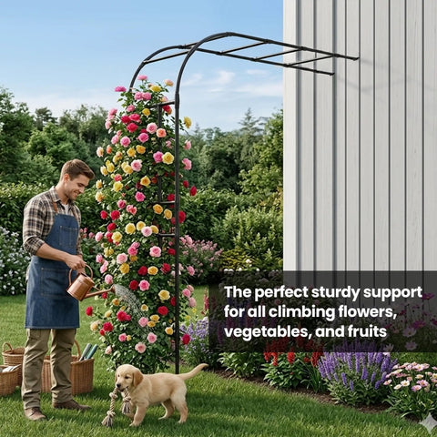 Half Garden Arch Trellis For Climbing Plants Outdoor, Wall Mounted Beefy Black Metal Arbor, 98.4 W x 94.8 H with flowers