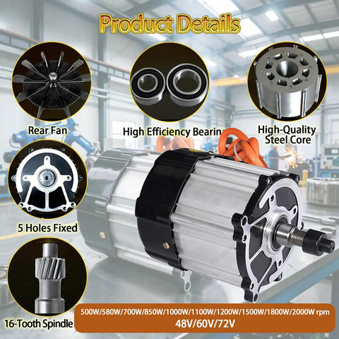 Street-Ready Electric Tricycle Motor Kit With Controller 48V 60V 72V Brushless Differential, 3000RPM 5-Hole 16-Tooth, 550W-2000W, Fits Tricycles And Four-Wheelers, Durable Aluminum Shell, Easy Retrofit For Smooth Rides. silver aluminum tricycle motor kit with 16-tooth spindle and 5-hole mount