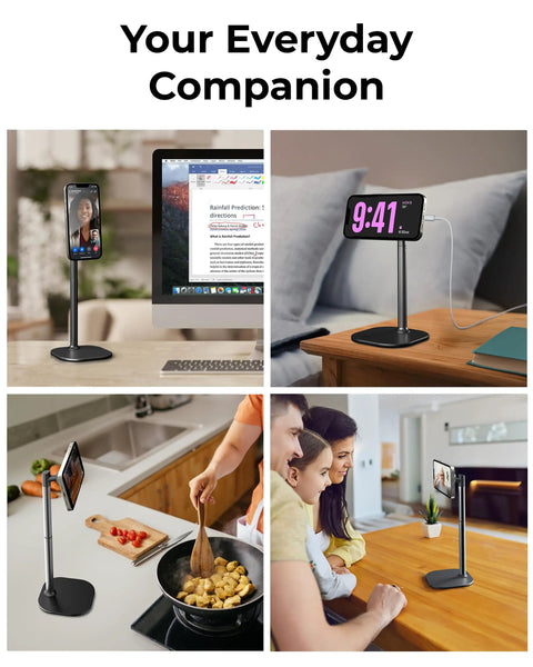 MagSafe Desk Phone Stand With Adjustable Magnetic Holder For iPhone 17 Pro Max And 16 Through 12 Models shown in various settings.
