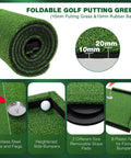 Indoor Outdoor 3x10ft Golf Putting Green Mat With Thick 10mm Non Slip Base And Side Borders, foldable design details shown