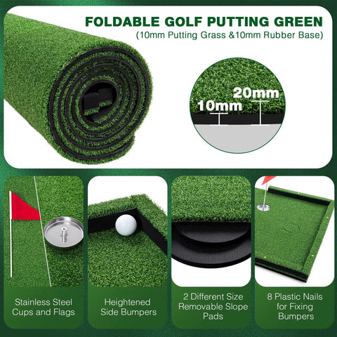 Indoor Outdoor 3x10ft Golf Putting Green Mat With Thick 10mm Non Slip Base And Side Borders, foldable design details shown