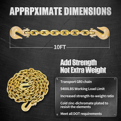 Heavy Duty Load Binder Chain Three Eighths Inch By Ten Foot With G70 Hooks, 5400 Lbs Safe Working Load chain dimensions