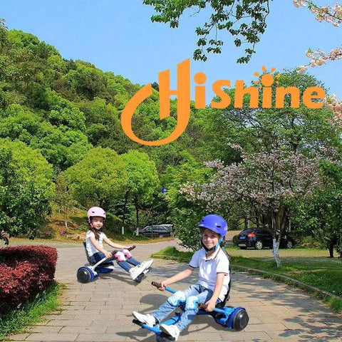 Children riding Seat Attachment Go Kart For Hoverboard Dope Conversion Turns Self Balancing Scooter Into A Safe, Stable Ride For Kids And Adults, Fits 6.5, 8 And 10 Inch Hoverboards Blue X2 Pack on paved path outdoors