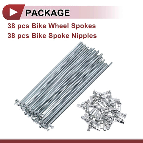 38 Piece 12G Bicycle Spokes Set 135mm Carbon Steel Galvanized Silver Tone Wheel Spokes For Road And Mountain Bikes Replacement Kit With Nipples And Durable Coated Finish To Beef Up Your Ride, showing 38 spokes and 38 nipples