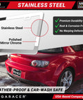 Slim Mirror Chrome License Plate Frames 2 Pack For Front And Rear Whips Car Wash Safe Stainless Steel Rust Free And Rattle Free Street Legal 2 Hole Design With Screw Caps Metal Front And Rear Tag Holders, shown with diagram and red car