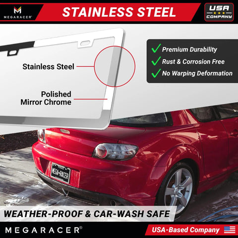 Slim Mirror Chrome License Plate Frames 2 Pack For Front And Rear Whips Car Wash Safe Stainless Steel Rust Free And Rattle Free Street Legal 2 Hole Design With Screw Caps Metal Front And Rear Tag Holders, shown with diagram and red car