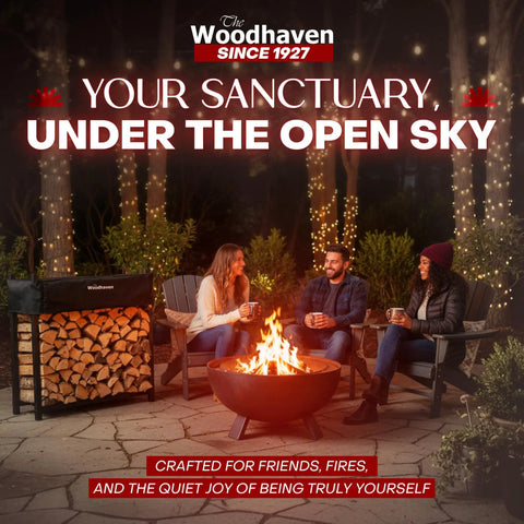 Group enjoying fire with Built Tough Indoor Outdoor Firewood Rack Set, Heavy Duty Steel Log Storage Holder, under trees at night.