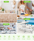 Collage of six foot folding table with two benches, showcasing usage in party, kitchen, garage, and backyard settings, white, HDPE top