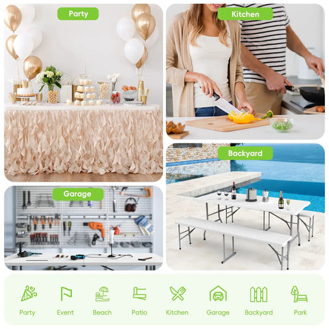 Collage of six foot folding table with two benches, showcasing usage in party, kitchen, garage, and backyard settings, white, HDPE top