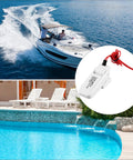 Two Pack Rugged Automatic Boat Bilge Pump Float Switch With Moisture Tight Ignition Protected Seals For Marine Use shown by pool and boat