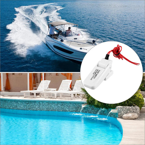 Two Pack Rugged Automatic Boat Bilge Pump Float Switch With Moisture Tight Ignition Protected Seals For Marine Use shown by pool and boat