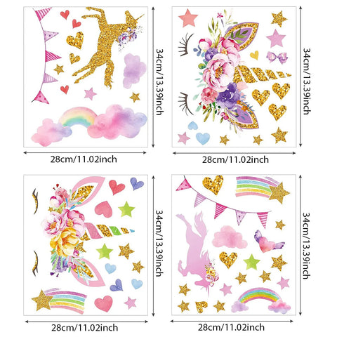 Unicorn Wall Decals Pack Of 4 Sheets 11 By 13 Point 4 Inch Peel And Stick Watercolor Stickers For Girls Bedroom Or Nursery Decor With Rainbows Hearts And Playful Unicorns In Durable Vinyl Totally Kid Friendly And Easy To Apply, featuring glitter unicorns, rainbows, and hearts.