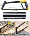 Heavy Duty Hacksaw Frame Set With Three Size Frames 12 Inch 10 Inch And 6 Inch Mini Includes 8 Extra Blades The Beast For Metal Wood And PVC Pipes Multi Function Hand Saw With High Tension Carbon Steel Blades Ready To Tackle Tough Cuts featuring detailed measurements and uses for cutting metal and wood