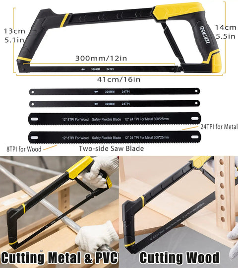 Heavy Duty Hacksaw Frame Set With Three Size Frames 12 Inch 10 Inch And 6 Inch Mini Includes 8 Extra Blades The Beast For Metal Wood And PVC Pipes Multi Function Hand Saw With High Tension Carbon Steel Blades Ready To Tackle Tough Cuts featuring detailed measurements and uses for cutting metal and wood