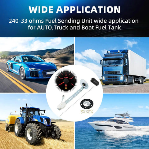 240-33 Ohm Fuel Sending Unit And Gauge Combo For 5 To 27 Inch Tanks, waterproof fuel sender kit for cars, trucks, boats, and tractors
