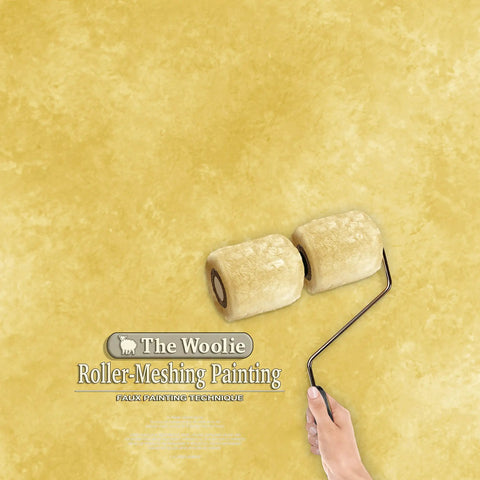 Two Color Faux Finish Paint Roller Kit For Beginners, Easy Start DIY Wall Texture, No Base Coat Needed, Made In USA With Natural Australian Sheepskin Tools shown in use on a yellow background.