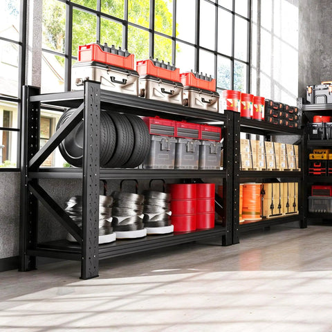 Built Tough Heavy Duty Garage Shelving Unit With Adjustable Steel Tiers Holding Up To Five Thousand Pounds Per Shelf Without Breaking A Sweat For Serious Tool Storage And Workshop Organization, featuring stacked tools and tires.
