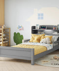 Twin Size Pine Wood Bed With Built In Bookcase Headboard Guardrails And Led Motion Sensor Light Gray Finish For Easy Nighttime Access