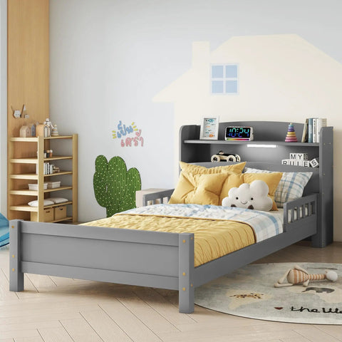 Twin Size Pine Wood Bed With Built In Bookcase Headboard Guardrails And Led Motion Sensor Light Gray Finish For Easy Nighttime Access