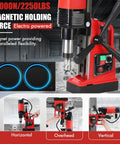 Beefy 1400W Magnetic Drill Press With 6 Drill Bits For Metal 2 Inch Max Hole Diameter in factory setting showing positions.