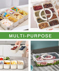 Two Pack Divided Snack Box With Clear Lid And Handles Portable Charcuterie Tray For Parties with snacks and fruits.