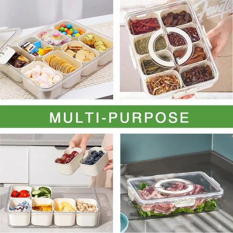 Two Pack Divided Snack Box With Clear Lid And Handles Portable Charcuterie Tray For Parties with snacks and fruits.