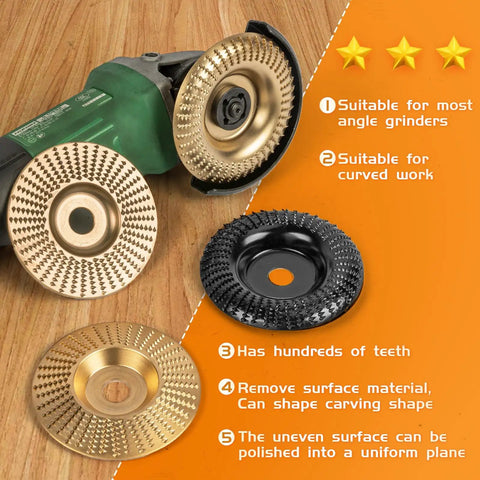 Wood Shaping Disc Set for 4 Inch or 4 1/2 Inch Angle Grinders with 5/8 Inch Arbor, 4 pack displayed with grinder