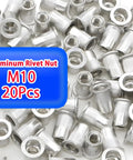Heavy Duty M10 Aluminum Rivet Nuts 20 Pack With Hand Tool Rustproof Threaded Inserts Fastener Kit, angled view showing aluminum rivet nuts.