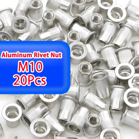 Heavy Duty M10 Aluminum Rivet Nuts 20 Pack With Hand Tool Rustproof Threaded Inserts Fastener Kit, angled view showing aluminum rivet nuts.