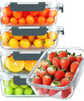 30 Oz Glass Meal Prep Containers Set Of Five With Lids Durable Glass Storage For Lunches And Leftovers stacked with fruits