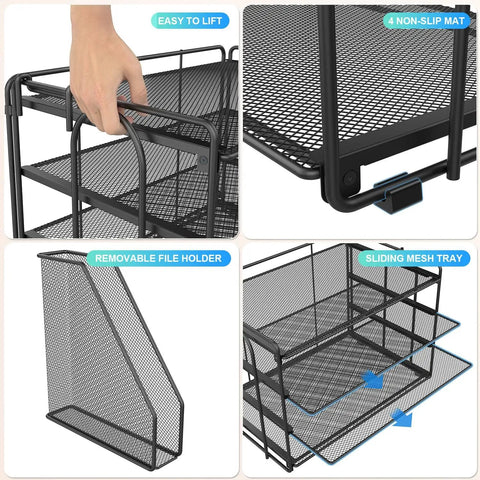4-Tier Paper Organizer With Magazine Holder, black metal mesh, multiple compartments for A4 papers, files, and accessories