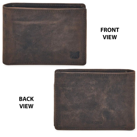 Real Leather Men's Bifold Wallet RFID Blocking Slim Minimalist Front Pocket Carry With ID Window Gift Box Included Crazy Horse Leather In Coffee Crafted To Ride Daily Premium Quality Ultra Thin Yet Durable, front and back view
