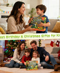 Family playing with Ultimate Dinosaur World Race Track Set With 203 Flexible Tracks And LED Light Up Dino Car indoors