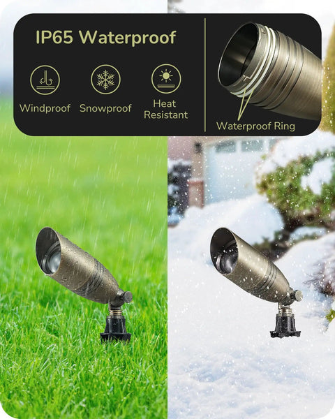 Built Tough Heavy Duty Solid Brass Landscape Spotlights 12V Outdoor Lighting with MR16 Bulb Included, bronze, in grass and snow.