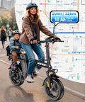 Woman riding 1200W Folding Electric Bike For Adults And Teens with child, showing 20-mile range map, focus on bike features.