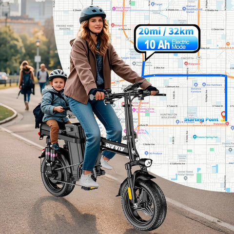 Woman riding 1200W Folding Electric Bike For Adults And Teens with child, showing 20-mile range map, focus on bike features.