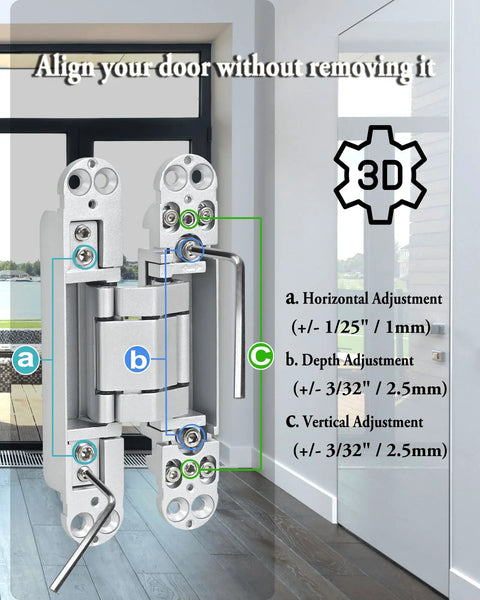 180 Degree Concealed Hidden Door Hinges Heavy Duty Zinc Alloy Invisible Pivot Hardware adjustment details in a modern setting.