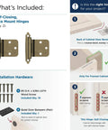 Burnished Brass Face Frame Cabinet Hinge Set With Variable Overlay And Reverse Bevel 30 Degree Self Closing Beefy Heavy Duty Steel 2 Pack For Cabinet Doors Easy Install with installation hardware kit.